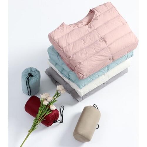 Womens Light Down Jacket Autumn Winter Large Size Round Neck Snap Button Long Sleeve Jacket Warm Coat Lady Soft Outerwear