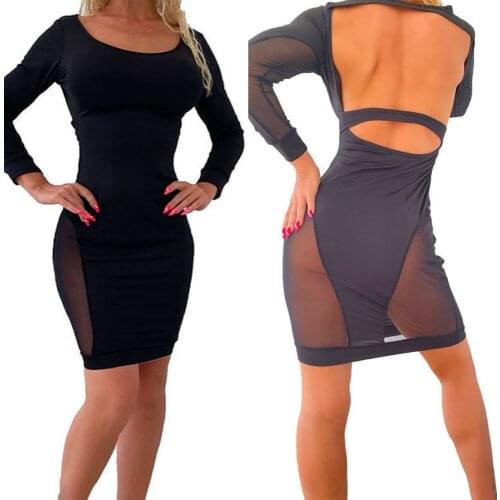 WONDER BEAUTY Women Backless Black Mini Dresses Skinny Long Sleeve Mesh Short Hollow Out Dress