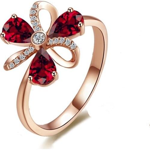 14k Rose Gold Natural Red Ruby Ring For Women Flower Shape Zircon Diamond Wedding Engagement Rings Crystal With Fine Jewelry Box