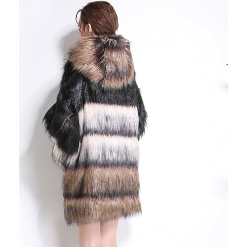 Nerazzurri Winter faux fur coat with a big hood long sleeve thicken warm multi color hairy fake fox fur jacket oversized outwear