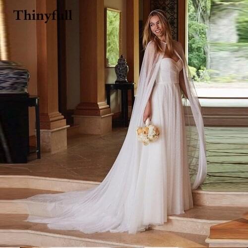 Thinyfull 2 PCS A Line Sleeveless Wedding Dresses 2021 Sweetheart Long Cloak Veil Beach Mariage Gowns Princess Vestidos Boda