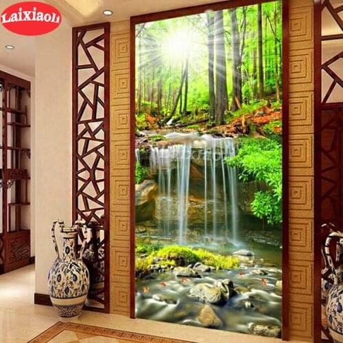 3d round square diamond embroidery waterfall koi fish pattern Diy full diamond painting greet tree sunrise stitch cross mosaic