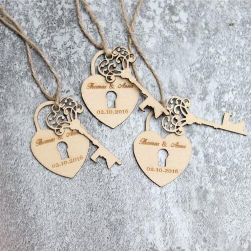 50 Pcs Personalized wedding Wooden love heart Tags,Bridal Shower wedding Favor tags,Custom name&date Wood hearts Key lock Tags