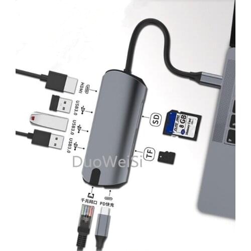 8 in 1 USB-C hub type-c hub to gigabit wired network card docking station 3-port usb hub aluminum alloy hub USB 3.0 PD HDMI