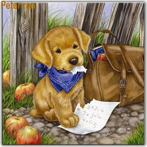 Peter ren Diamond painting cross stitch animal Full round\square diamond mosaic embroidery home decor"Puppy schoolbag apple"