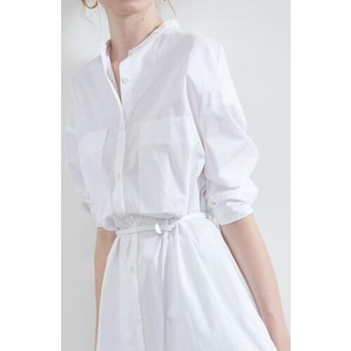 Basic White Dress Pockets Stand Collar Long Sleeve Slim Shirt Dress Autumn New Women Fashion Dress Vestidos De Fiesta 2019