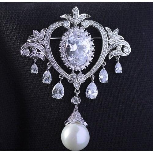 Zlxgirl brand silver clear Cubic zircon Flower shape copper bridal jewelry Classic Wedding Decoration Drop Corsage Pins broch