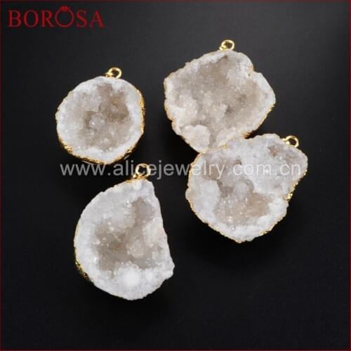 BOROSA Crystal Drusy Pendant Beads for Necklace Gold Color Edge Freeform Cave Shape Natural Crystal Druzy Pendant G1187