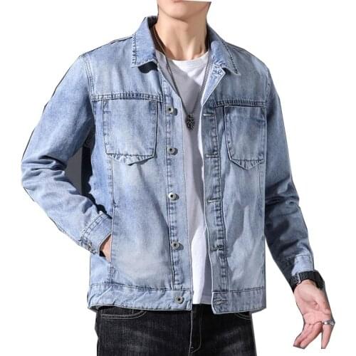 Chaqueta vaquera para hombre, abrigo de algodón con cuello vuelto, manga larga, talla grande, ropa azul claro, de marca Bomber