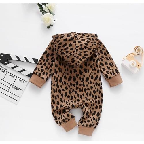 Infant Baby Girls Boys Leopard Print Hooded Romper Toddler Long Sleeve Front Pockets Jumpsuit Baby Loose Playsuit