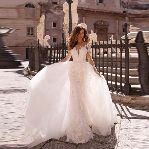 Long Sleeves Mermaid Lace Appliques Wedding Dresses With Detachable Train Long Two Piece Custom Made Bridal Gowns Spring