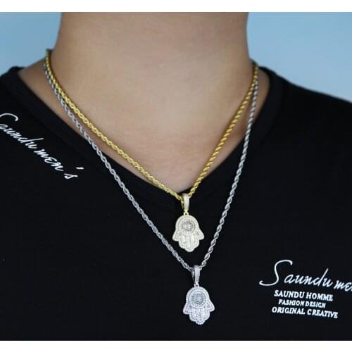 Hip Hop Full Iced Out Cubic Zirconia Eye of Angel Rhinestone Cz Hand Shape Chain For Men Charm Pendant Necklace Jewelry Gift