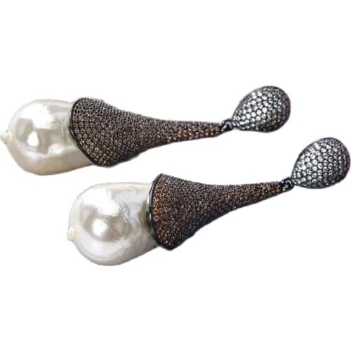 JK 16x25MM White Sea Shell Pearl Champagne CZ Pave Gunmetal Earrings