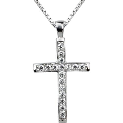 Classic Design 925 Sterling Silver Cross Pendant Necklace Micro Crystal Paved with 18-inch Box Chain Birthday Gift NC7009