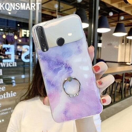 KONSMART Fashion Finger Ring Case Honor 9c Marble Makeup Mirror Silicone Soft Phone Case For Huawei Honor 9C 6.39" Back Cover