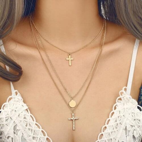 Exaggerated Multilayer Religious Goddess Cross Pendant Necklace European Women Gold Chain Vintage Jewelry Necklace Kolye YN115