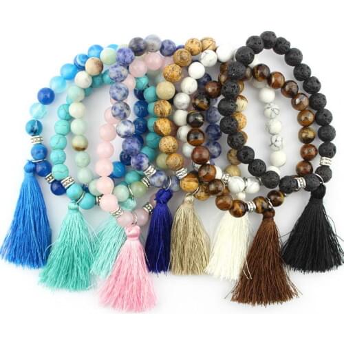 Natural Stone Strand Tassel Bracelets Elastic Beaded Bangles Tiger Eyes Mix Bracelet for Women Jewelry Wholesale