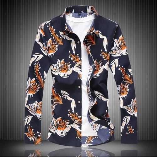 New Men flower printed Long Sleeve shirt Holiday Party casual Dress Slim Shirts Chemise Homme Plus Size 7XL winter shirts men