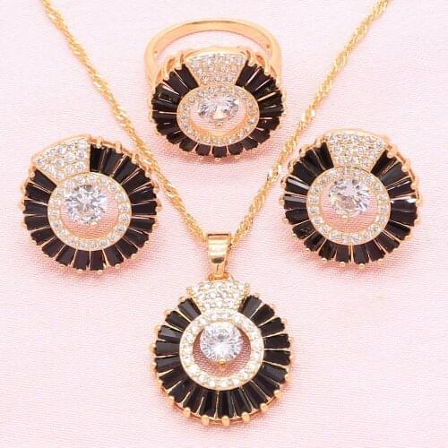 New Arrivals Gold Color Jewelry Sets For Women Black White Green Crystal Exquisite Earring Pendant Necklace Ring Wedding Gift