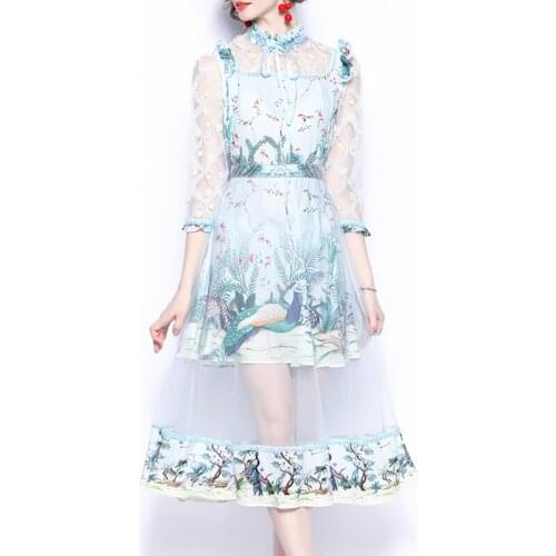 PERHAPS U Women Summer Bow-Knot Stand Collar Ruffled Spliced Mesh Long-Sleeved Animal Printed Dress D3034
