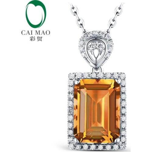 Emerald Cut 3.15ct Citrine & 0.20ct Diamond Accented Engagement 14kt White Gold Pendant Caimao Jewelry