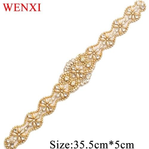 WENXI (10pcs) Hand Beaded Sew On Fix Iron On Silver Crystal Rhinestone Appliques for Wedding Dresses DIY Bridal Sash WX831