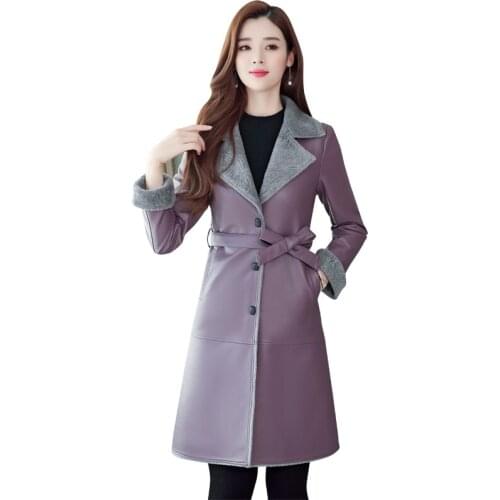 Winter PU Leather Jacket Women 2021 Autumn Fashion Long Slim Plus Velvet Black Office Work Coat Turn-down Collar Plus Size 6XL