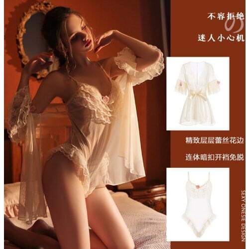 Champagne Womens Perspective Sexy Bathrobe Suit (Robe + Jumpsuits) Gauze Nightdress Lace Night-robe Sexy Lingerie Home Clothing