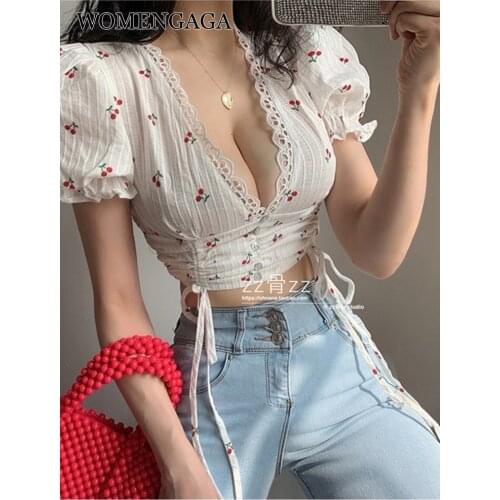 WOMENGAGA French V-neck Temperament Low Bust Hot Sexy Drawstring Lace Bandage Puff Sleeve Retro Korea T-shirt Summer Tops K8AR