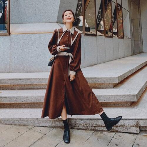 Women Fashion Elegant Puff Sleeve Lapel Shirt Dress Spring Fall Clothes Female Vintage Korean Bandage Long Party Dresses C93