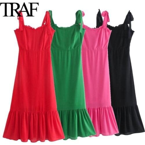 Traf Za Women Fashion Black Bow Bandage Sleeveless Dresses Sexy Summer Rose Ruffle Dress Vestido De Mujer