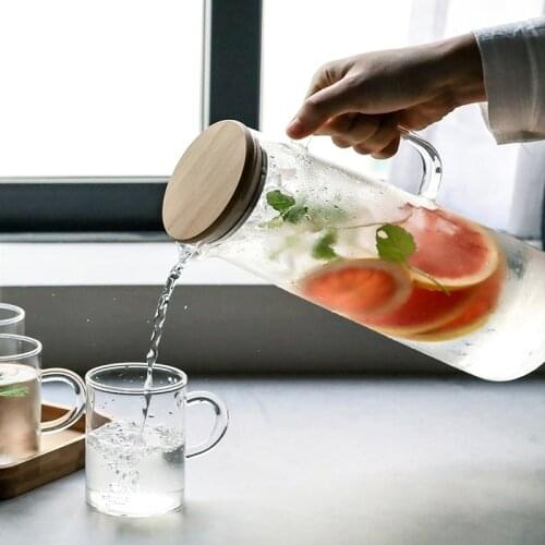 1000ML/1500ML glass explosion-proof cold kettle, high temperature resistant cool kettle, bamboo lid glass Juice Coffee kettle