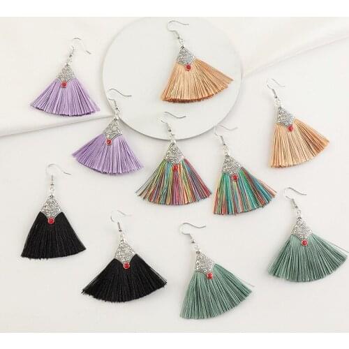 2021 Wholesale New Chinese Style Tassel Earrings Retro Ethnic Style Old Embossed Fan-shaped Earrings Ear Hooks