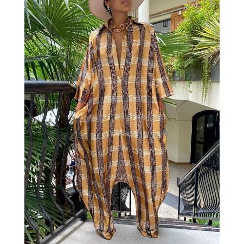 2021 Turn Down Collar Graphic Print Buttoned Pocket Design Long Sleeve Casual Jumpsuit Long Pants One Piece Suit Womens Clothing