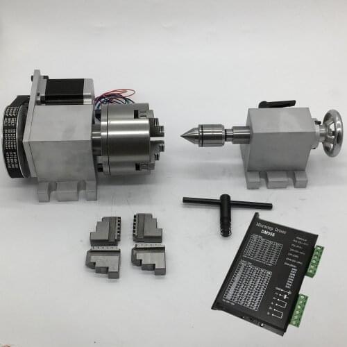 4 Axis rotation A Axis Rotary Driver 4 Jaw 80mm K12-80 Chuck and Nema23 stepper motor Tailstock kit for wood CNC Milling Router
