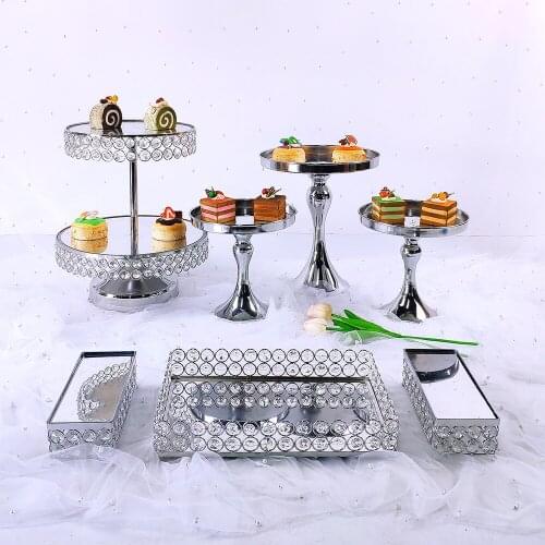 7pcs Metal Electroplate Mirror Cake Stand Set Display silver crystal cupcake plate