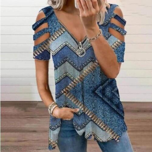 Sexy Deep V Neck Out Zipper Strapless Print Women Blouse Shirt Short Sleeve Casual Pullover Tops 2021 Summer Plus Size Blusa
