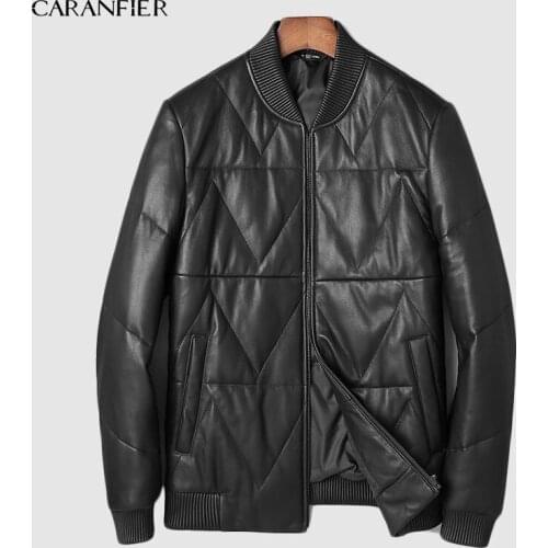 CARANFIER 100% down Mens Jackets Genuine Sheepskin Leather Casual Motorcycles Black Outerwear Overcoats Coat DHL Free Shipping