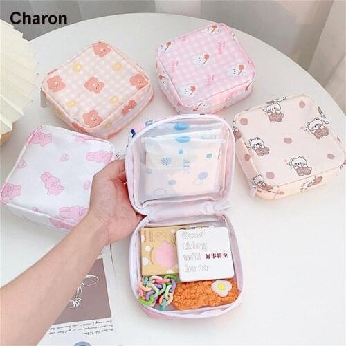 Travel Kawaii Cosmetic Storage Bag For Girls Cute Bear Rabbit Tampon Sanitary Pad Pouch Mini Makeup Earphone Coin Sundries Bags