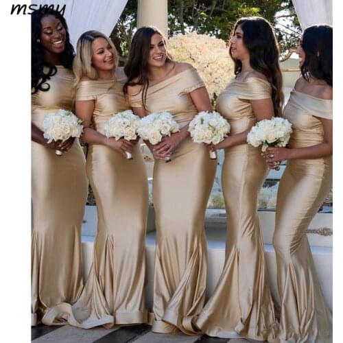 Elegant Off Shoulder Mermaid Bridesmaid Dresses 2019 Pleats Ruffles Floor Length Maid of Honor Formal Wedding Guest Party Gowns