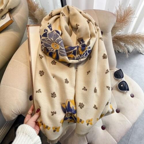Cashmere Wraps Women Winter Warm 2021 Floral Pashmina Shawls Thick Neck Scarves Elegant Female Long Double-sided Stoles