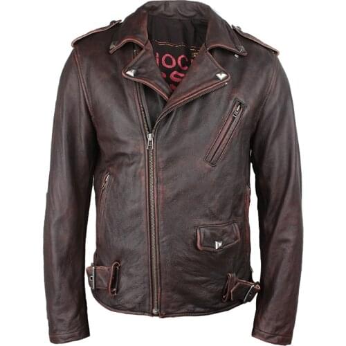 Mens Cowhide Jacket Retro Frayed Slanted Zipper Genuine Leather Jacket Top Layer Cowhide Motorcycle Jacket Leather Coat