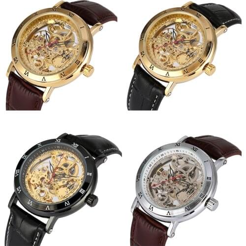 Mens Watch Automatic Mechanical Watch Attractive Hollow-out Dial Genuine Leather Strap Watch with Pin Buckle
