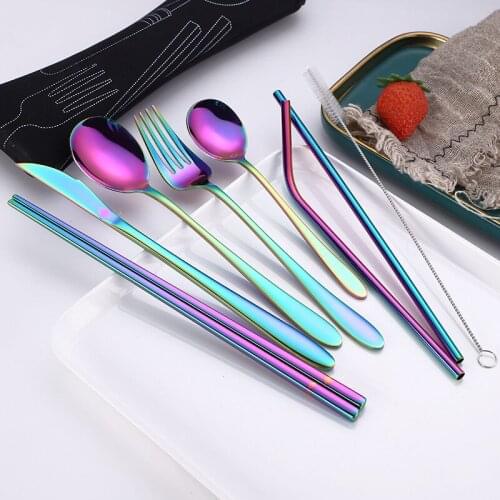 304 Stainless Steel Cutlery Set Knife Straw Chopsticks Spoon and Fork Set Travel Outdoor Tableware 8pcs Eco Friendly Products