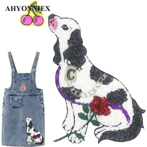 1 Piece Large Rose Sequins Dog Patch Fashion Embroidered Applique Fashion Clothing Decoration Iron On Patch DIY Accessory