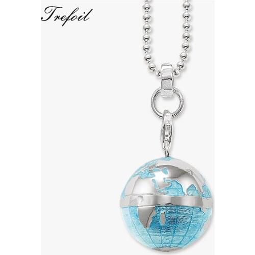 Link Chain Necklace Blue Globe, 2018 Fashion 925 Sterling Silver Jewelry European Trendy Gift For Men Women Boy Girls Collana