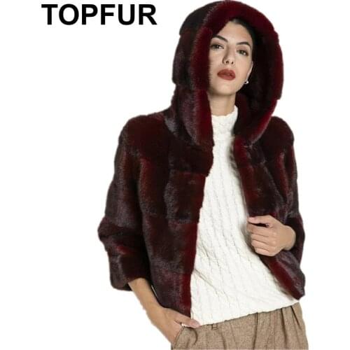 TOPFUR New Real Fur Coat Women Wine Red Coat With Hooed Jacket Short Natural Mink Fur Coat With Hooed Three Quarter Sleeves