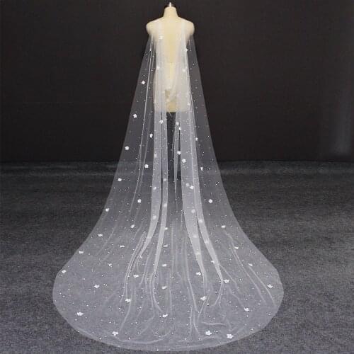 Real Photos Pearls Wedding Bolero with Flowers 3 Meters Long Bridal Cape with Pearls Wedding Accessories Bruid Bolero