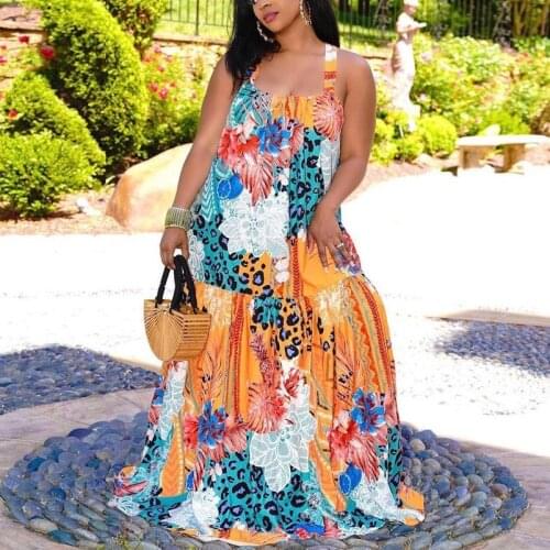 African Plus Size Spaghetti Strap Dress Floor Length Printed Sleeveless Loose Causal Sexy Evening Night Club Long Dress Vestidos