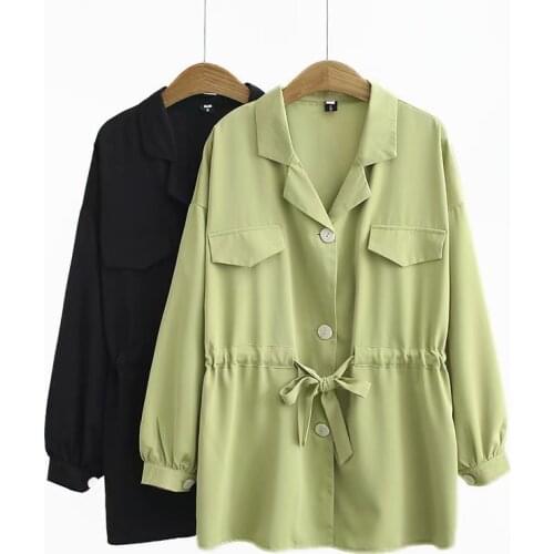 Thin Coat Oversized Womens Coats Summer Long Sleeve Single-breasted Drawstring Black Green Windbreaker Shirt Outerwear 2020